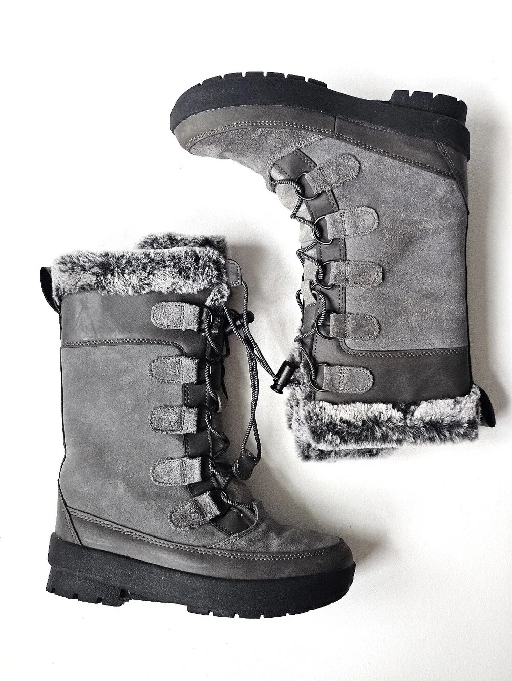 All In Motion Leather Upper Girls Gray Faux Fur Winter Snow Boots Size 1